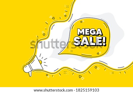 Mega Sale. Loudspeaker alert message. Special offer price sign. Advertising Discounts symbol. Yellow background with megaphone. Announce promotion offer. Mega sale bubble. Vector