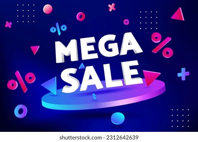 Mega Sale, Modern 3D Vector Illustration of a Neon Cylinder Pedestal Platform Showcase Scene for Business Promotion, Flyer Template, Offers and Sales. Abstract geometry design background