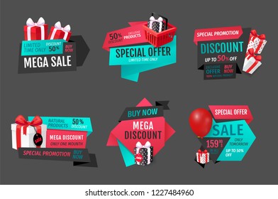 Mega sale of natural products one month banners set vector. Presents and gifts, special discounts and offers from stores. Sellout, clients clearance