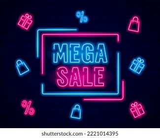 Mega Sale neon template, shining banner, discount, shopping