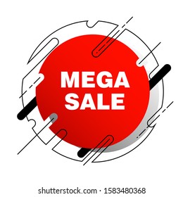 Mega sale offer banner design with circle frame. Abstract graphic element with text. Bright geometric shape vector illustration. Template for promotion poster, advertising label or flyer