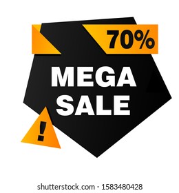 Mega sale offer banner design with 70 percent price discount. Abstract graphic element with text. Pentagon shape vector illustration. Template for promotion poster, advertising label or flyer