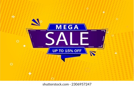 mega sale offer banner, discount 15% off vector illustration.