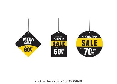 Mega sale offer dangler Vector template design, 50% off, Set of Sale banner and Discount label vector design.
Super sale banner template. Special offer discount multiple color. hang tag banner.