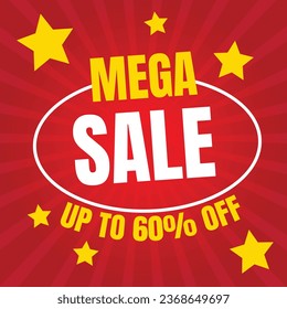 Mega sale offer modern vector banner template design. Up to 60% OFF, discount tag design template illustration.