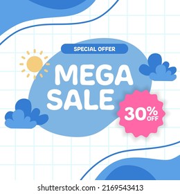 Mega Sale offer promotion discount for kids baby toddler with memphis kawaii abstract element blue pastel color