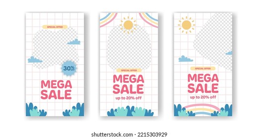 Mega Sale offer promotion social media stories template for discount for kid children baby with cute kawaii abstract with memphis element