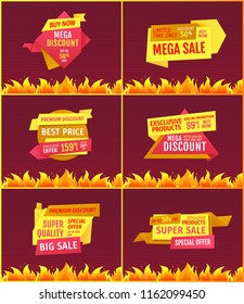 Mega sale offers on geometric shape shopping labels. Vector retail emblems with fire flame. Price tags set best discounts advertisements only one week