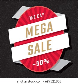 Mega Sale One Day -50% Logo Lettering Shopping Creative Concept with Rays Oval and Wrapping Ribbon - Beige Red and White on Black Rough Paper Background - Vector Flat Graphic Design