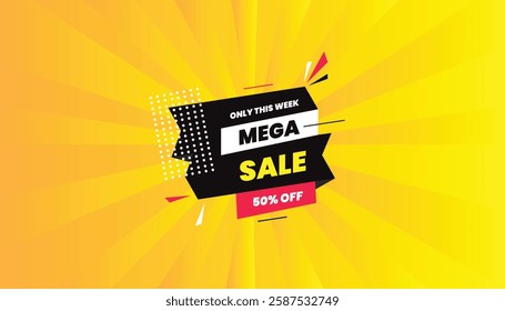 Mega sale only this weekend 50% off banner template design with editable eps format hot yellow background with black, white and pink elements and black shapes vector art illustration.