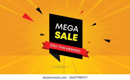 Mega sale only this weekend editable vector art illustration label icon web banner design with black red shapes orange yellow abstract background perfect for business promotion in stunning 4k quality