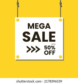 mega venta, venta post plantilla, oferta de descuento, descuento de hasta 50% de descuento, inicio de sesión en pared, vector de cuerda, vector de tablero de signos, vector de signo colgante