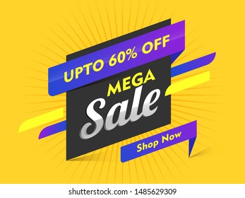 Mega Sale poster or banner design with 60% discount offer on yelloow abstract background.