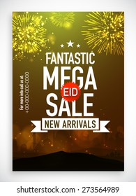 Mega Sale Poster, Banner Or Flyer Decorated With Fireworks And Mosque Silhouette On Occasion Of Muslim Community Festival, Eid Celebration.