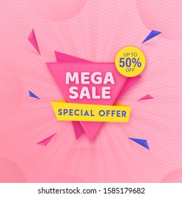 Mega Sale Poster Design mit 50% Rabatt Angebot und geometrische Elemente auf rosafarbenem abstraktem Hintergrund dekoriert.