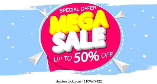 Mega Sale, poster design template, special offer, up to 50% off, vector illustration
