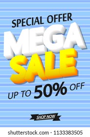 Mega Sale, poster design template, special offer, up to 50% off, vector illustration