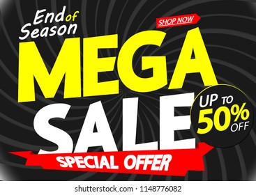 Mega Sale, poster design template, up to 50% off, end of season, special offer, red ribbon,  vector illustration