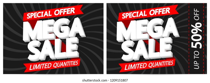 Mega Sale, poster design template, 50 off, special offer, red ribbon, vector illustration