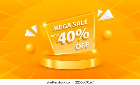 Mega sale promo 40 percent Off with cylinder podium stage display. Sale banner and discount background. Vector illustration svg