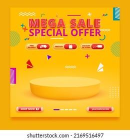 Mega sale promo banner with podium and abstract yellow background, 3d scene sale and discount template