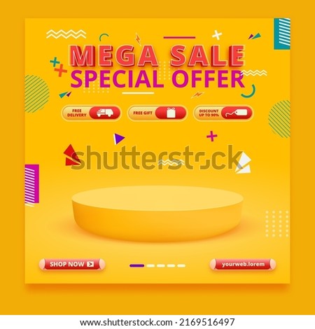 Mega sale promo banner with podium and abstract yellow background, 3d scene sale and discount template
