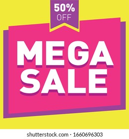 Mega sale promo limited only with vibrant colors for your design. Big mega sale with 50% off ribbon poster to special price season.