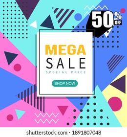 Mega sale, promo, memphis style web banner, poster, tag and flyer. Fashion and travel discount poster. EPS 10 Vector holiday Abstract colorful illustration with special offer and promotion.