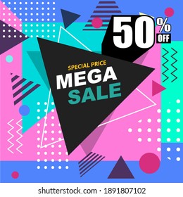 Mega sale, promo, memphis style web banner, poster, tag and flyer. Fashion and travel discount poster. EPS 10 Vector holiday Abstract colorful illustration with special offer and promotion.