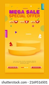 Mega sale promo poster template with podium and abstract yellow background