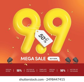 mega sale promotion, 50% off promotional tag hanging with yellow number 9.9 3D. For banner design or campaign advertising. The ninth day of the ninth month, vector for advertisement design