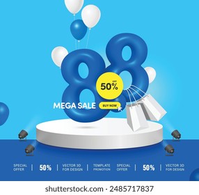 mega sale promotion for advertising design ,numbers 8.8 blue and a yellow circle promotion sign. 50% off sale placed on white round podium, vector 3d for eight day of eight month