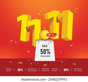 Mega sale promotion for advertising design ,yellow number 11.11 floats in the air and a white shopping bag hangs from it with the message of a 50% off promotion, vector 3d for banner design