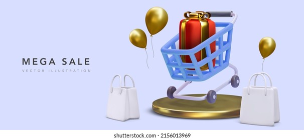 Mega sale promotion banner with 3d realistic cart with gift on platform and shopping bags and balloons. Vector illustration