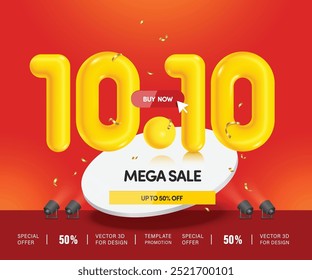 promoção de mega venda, número 10.10 3d amarelo flutuante no ar no pódio branco redondo com 50% off texto para campanha publicitária no décimo dia do décimo mês, vetor 3d para design de banner