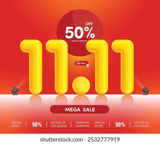 Mega sale promotion, number 11.11 yellow 3d placed on shiny floor with red circle promotion tag label 50% discount for advertising campaign on eleven day of eleven month, 3d vector for banner design