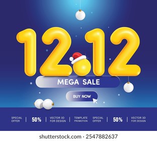 Mega sale promotion template, 3D yellow number 12 placed on mega sale promotion sign, all on blue background with snow falling in background, Campaign on the twelfth day of the twelfth month