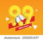 mega sale promotion, white shopping bag hanging with yellow number 9.9 3D. For banner design or campaign advertising. The ninth day of the ninth month, vector for advertisement design