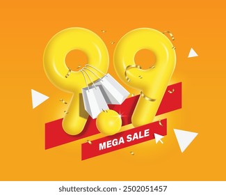 mega sale promotion, white shopping bag hanging with yellow number 9.9 3D. For banner design or campaign advertising. The ninth day of the ninth month, vector for advertisement design