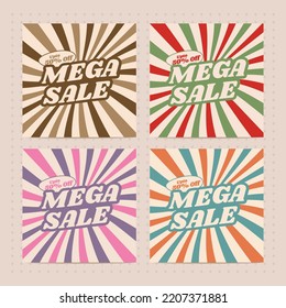 Mega sale retro banner template design with pastel colors and sunburst pattern.
