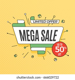 Mega sale. Retro design element in pop art style on halftone colorful background. Vintage motivation ribbon banner. Vector Illustration