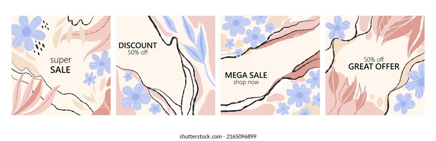 Mega sale set. Square spring summer poster. Blue flowers on beige background, discount card, natural abstract promo marketing social media posts template vector minimal design banner