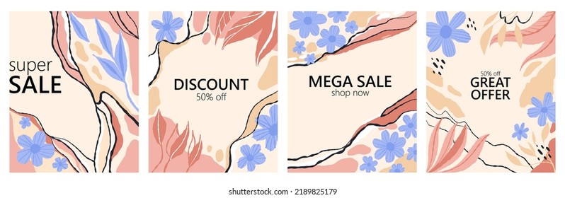 Mega sale set. Vertical spring summer poster. Blue flowers on beige background, discount card, natural abstract promo marketing social media posts template vector minimal design banner