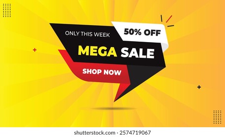 Mega Sale! Shop Now Only This Week Get 50% Off. Editable EPS Banner Template Design with Bold Yellow White Font, Black, White, Red Gradient Shapes Hot Yellow-Orange Abstract Background