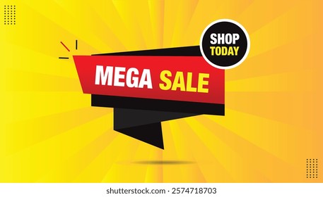 Mega Sale Shop Today! Editable EPS format vector illustration banner template with black shapes, shine, red gradient, and hot yellow-orange abstract background. Perfect for eye-catching promotions!