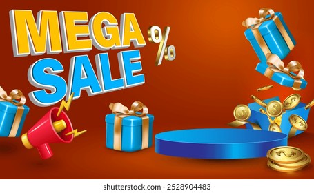 mega sale, shopping discount,special offer product marketing and sale business background element. megaphone loudspeaker and gift boxes decorative big promotion banner and advertising poster.