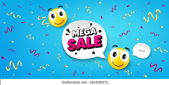 La sonrisa de la mega venta se enfrenta a un fondo azul. Una emoción divertida. La caricatura redonda se enfrenta a un cartel de confeti con burbujas de palabras. Plantilla de póster de oferta de venta. La emoción de la sonrisa de los personajes. Fondo vectorial divertido.