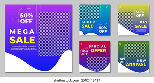 Mega sale social media post design, Square super sale post layout for product promotion, sale banner set template