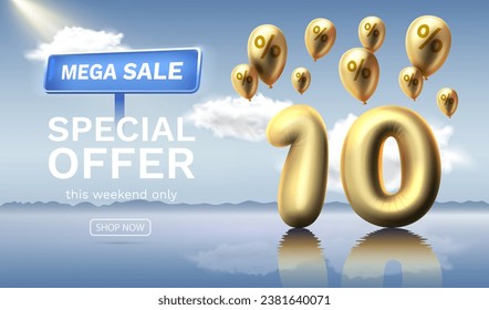 Mega sale special offer 10 Off. Discount number off of balloons against the celestial background. Sale banner and poster. Vector illustration.
