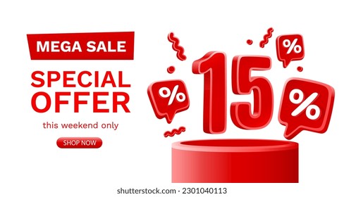 Mega sale special offer, 15 off sale banner. Sign board promotion. Vector illustration